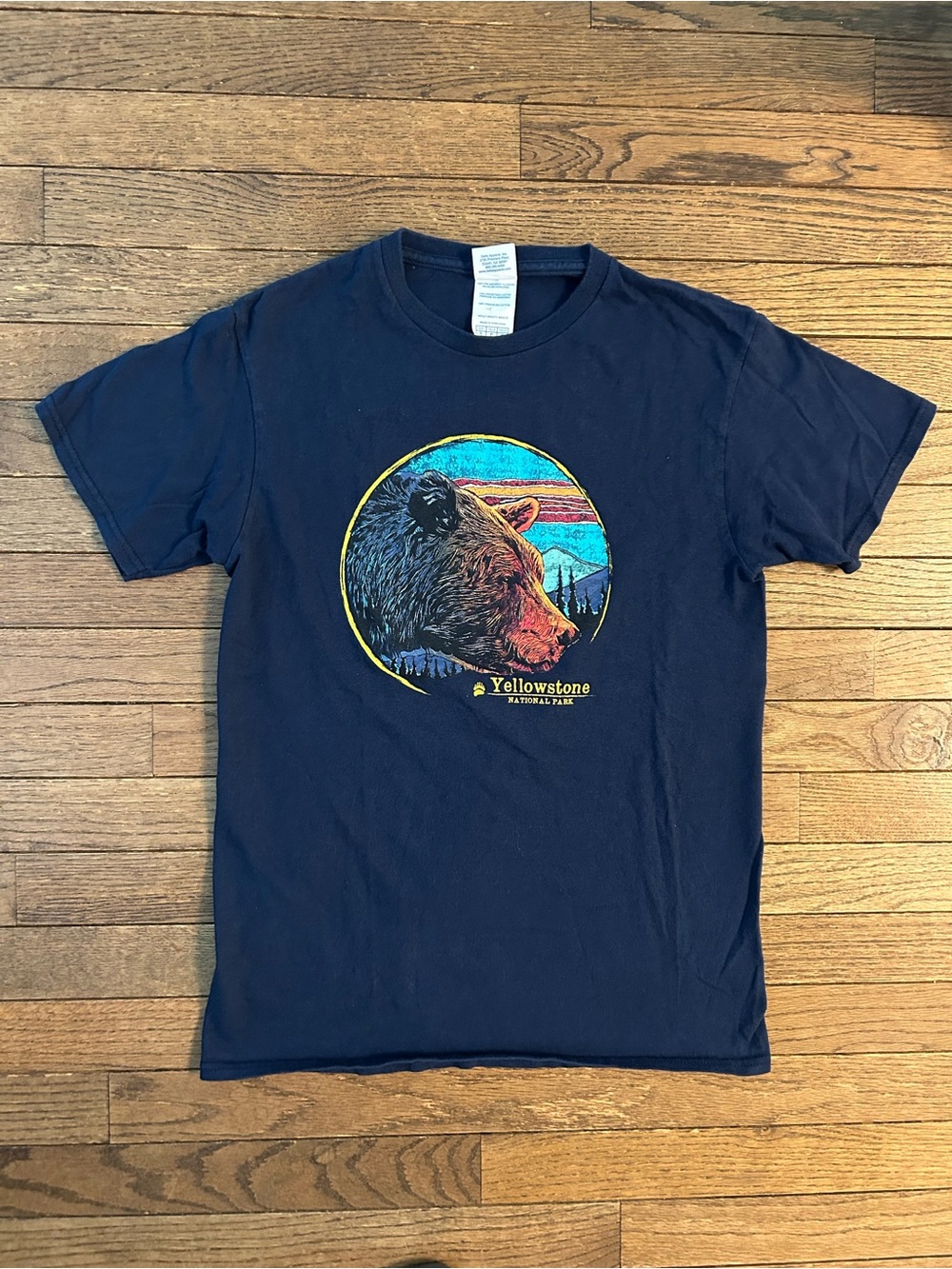 Adult Navy Yellowstone Short-Sleeve Tee with Multicolor Bear Graphic